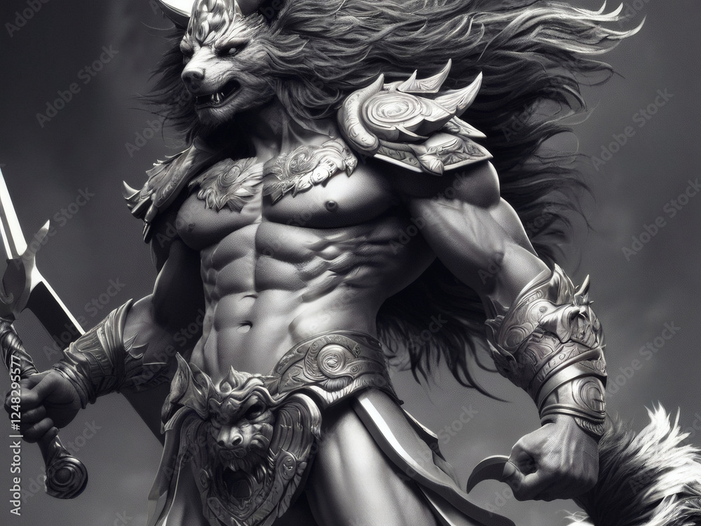 Fototapeta premium Epic Warrior Sculpture Depicting a Mythical Beast, A powerful sculpture of a muscular warrior with a wolf head, perfect for fantasy art enthusiasts.