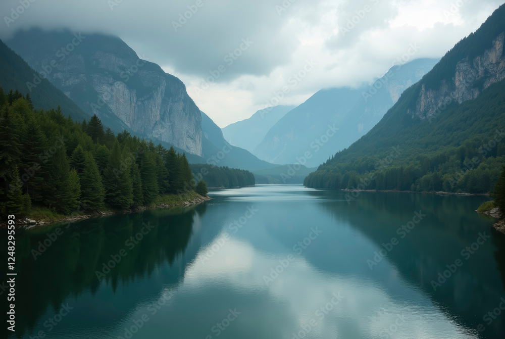 An idyllic landscape of mountainous terrain and a serene lake An idyllic landscape of mountainous terrain and a serene lake