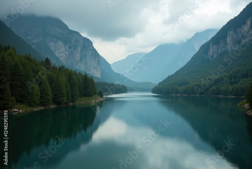 An idyllic landscape of mountainous terrain and a serene lake