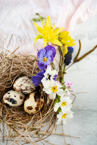 Vibrant Easter Nest Adorned With Delicate Spring Flowers and Speckled Eggs Creates a Serene Celebration of Renewal and Life in a Cheerful Atmosphere