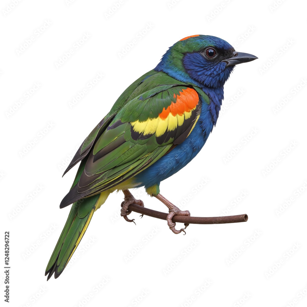 A vibrant, colorful bird perched on a branch against a cutout background. A vibrant, colorful bird perched on a branch against a cutout background.