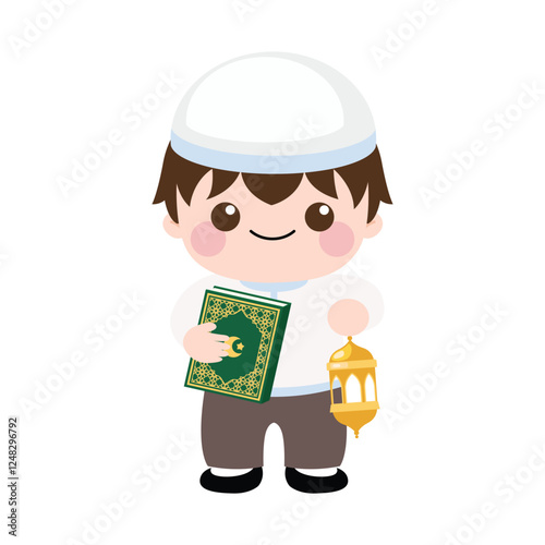 Cute Muslim boy with Quran and lantern