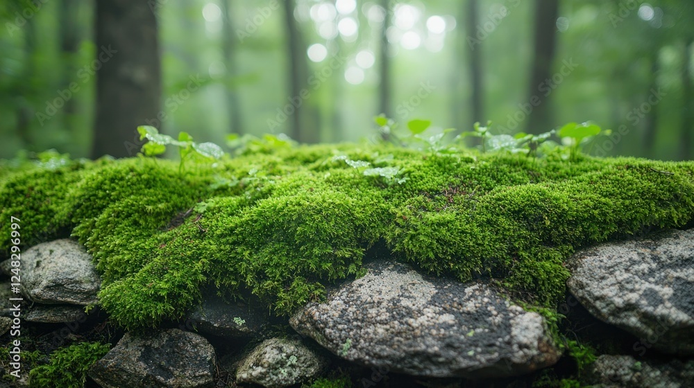 Mossy stone wall in misty forest; nature background Mossy stone wall in misty forest; nature background