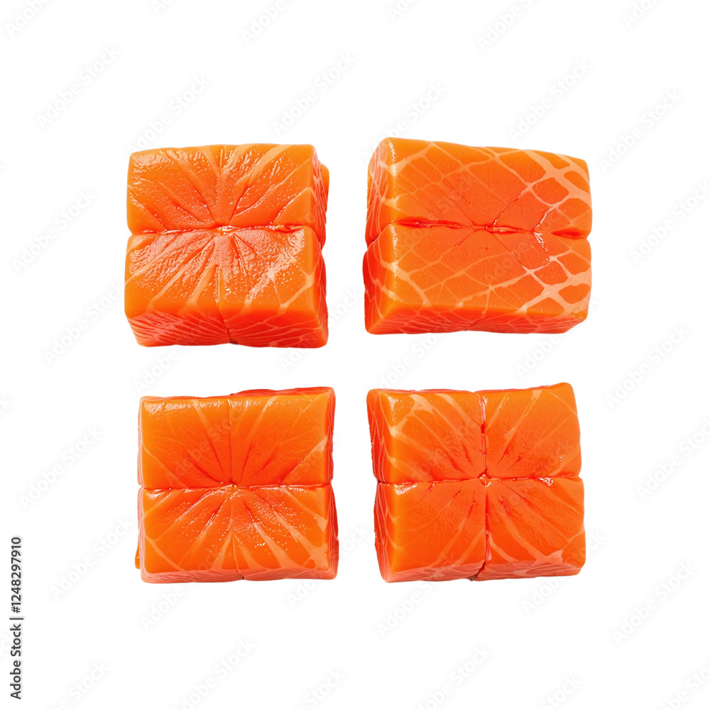 Four square pieces of fresh raw salmon, isolated on a cutout background. Four square pieces of fresh raw salmon, isolated on a cutout background.