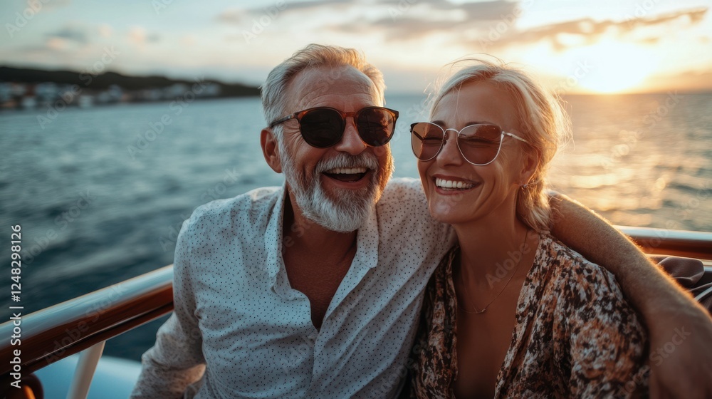 Young couple have good time on cruise ship. Portrait of beautiful young couple laughing Young couple have good time on cruise ship. Portrait of beautiful young couple laughing