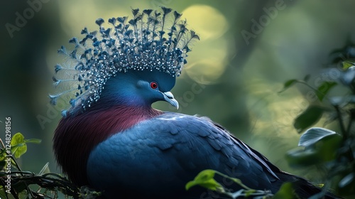 Western Crowned Pigeon profile, rainforest, bokeh background, wildlife photography photo