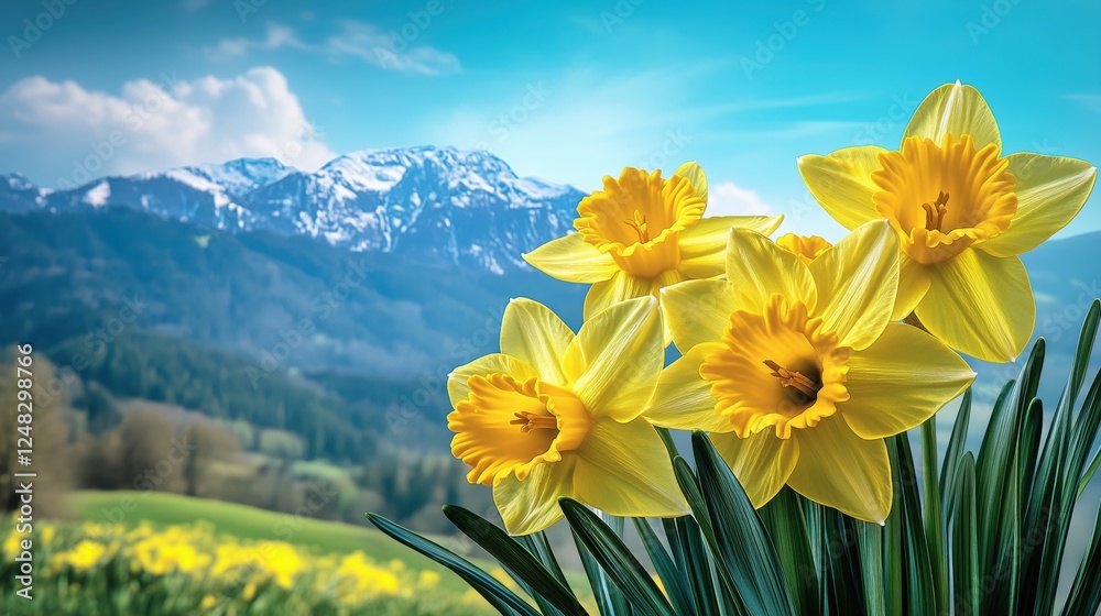 Fototapeta premium Vibrant daffodil bouquet set against a serene mountain backdrop showcasing nature's beauty in springtime