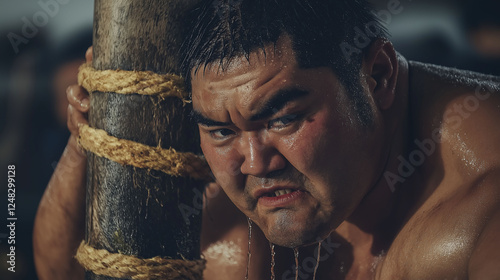 Practice Strain – A candid shot of a sumo wrestler straining against a massive wooden pole during training, his muscles and body mass working in unison, sweat dripping down his face photo