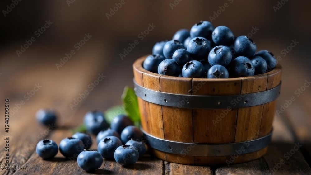 a wooden bucket full of blueberries stands on the table a wooden bucket full of blueberries stands on the table