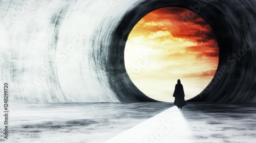 A lone figure stands at the entrance of a gateway to another world where the sky burns with the light of an otherworldly sunset