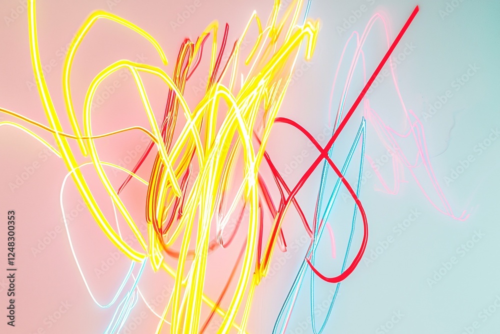 Obraz premium Abstract neon line composition on a white background emphasizes fluid motion and modern design, perfect for creative projects.