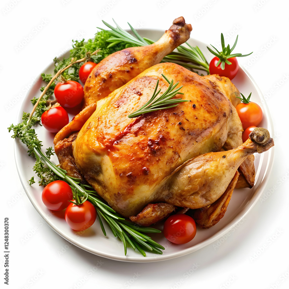 Whole Tobacco Chicken on Plate with Tomatoes Whole Tobacco Chicken on Plate with Tomatoes