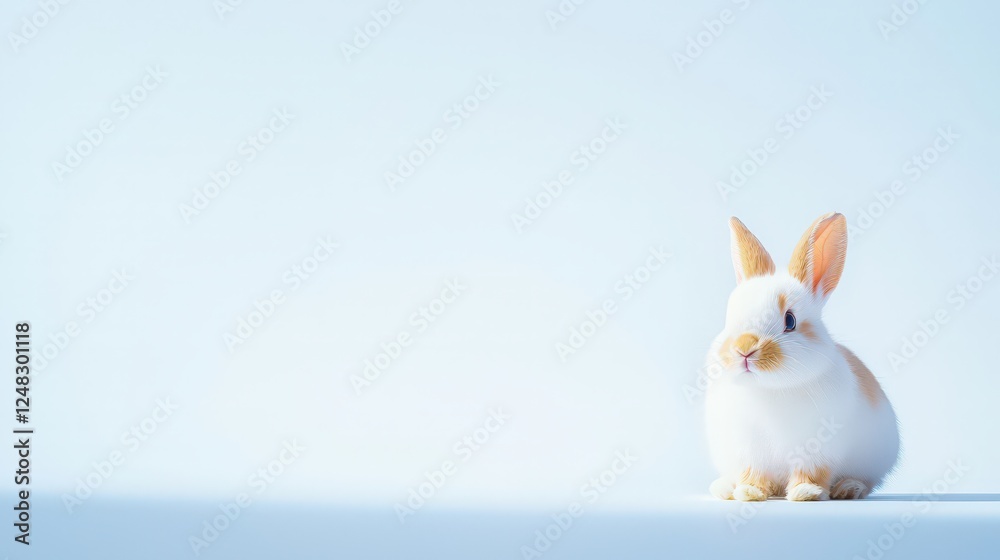 Obraz premium White rabbit sitting on a blue surface with fluffy fur and bright eyes looking around in a calm environment