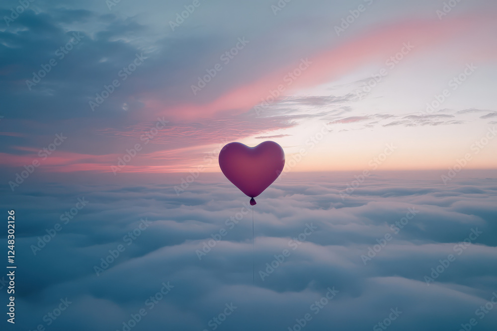 Fototapeta premium Heart balloon floats in sky with hopeful mood