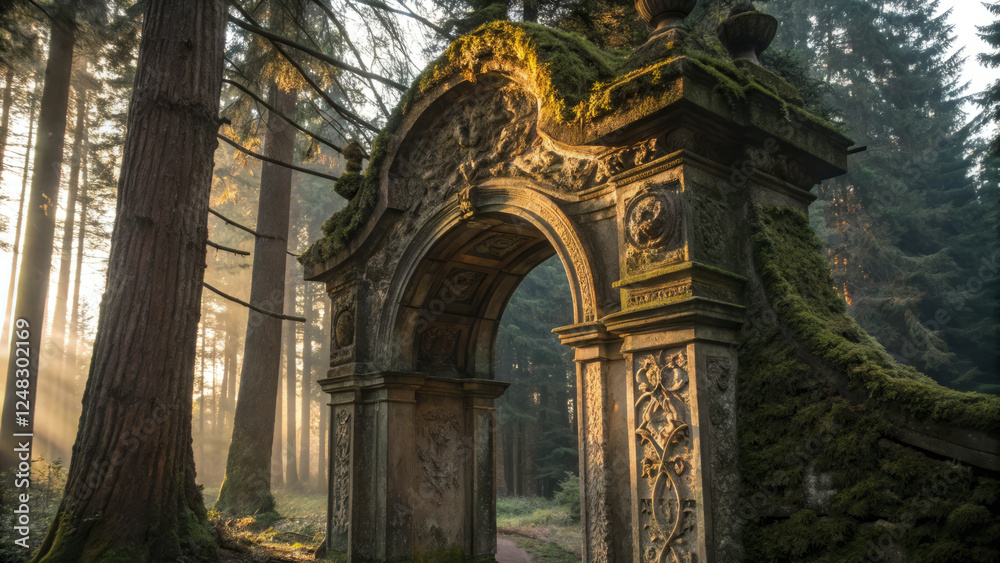 Ancient stone archway covered in moss, surrounded by tall trees and sunlight Ancient stone archway covered in moss, surrounded by tall trees and sunlight