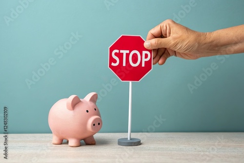 hand put stop sign next to piggy bank. Budget fund halt and pause