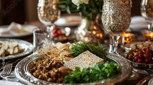 Close-up of a Passover seder plate featuring traditional symbolic foods like matzah, charoset, and bitter herbs elegantly arranged for a festive celebration.