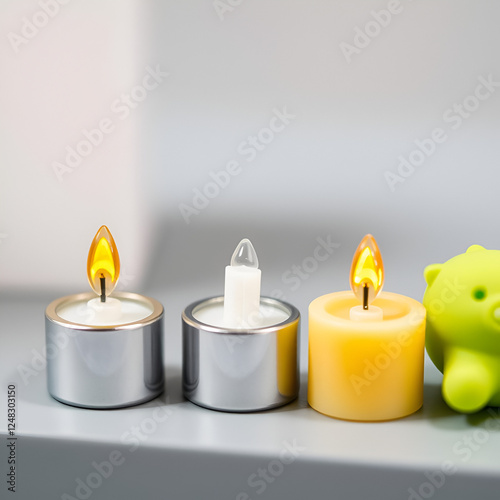 Miniature Candle: A tiny wax candle, perfect for dollhouses or decorative displays, adding a soft, flickering glow to small spaces or collectibles. photo