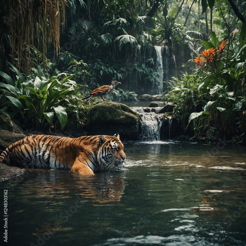 A breathtaking jungle scene featuring a majestic tiger drinking water from a river, surrounded by exotic birds.