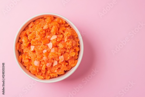 Orange dish in white bowl on pink background photo