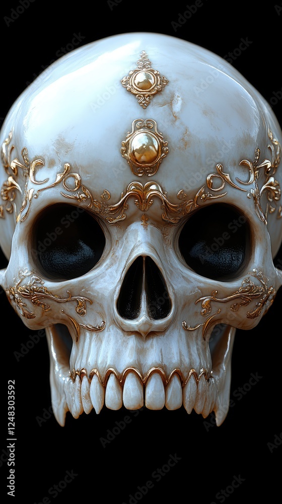 Naklejka premium Ornate skull sculpture with intricate gold detailing against a black background, showcasing artistry