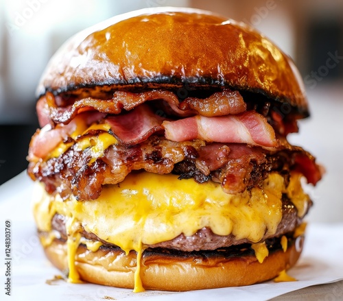 Gourmet Bacon Cheeseburger on Paper in Cafe photo