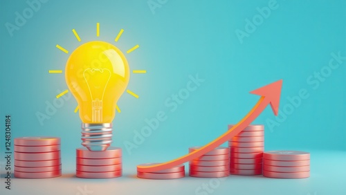 Stacks of coins, light bulb and increasing graph. Concept illustration for start up idea.
