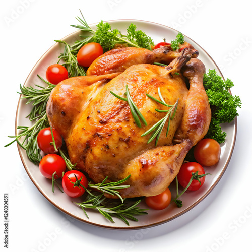 Whole Tobacco Chicken on Plate with Tomatoes