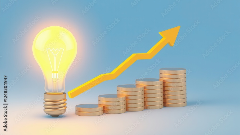 Stacks of coins, light bulb and increasing graph. Concept illustration for start up idea. Stacks of coins, light bulb and increasing graph. Concept illustration for start up idea.