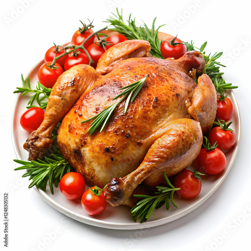Whole Tobacco Chicken on Plate with Tomatoes