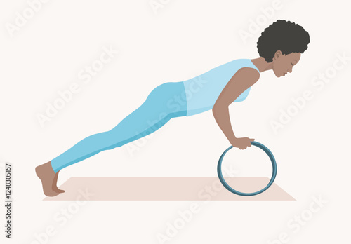 Vector illustration of young woman in blue sportswear practicing assisted plank with yoga wheel. Exercise for good posture, flexibility and balance.