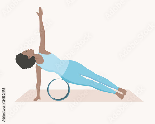 Vector illustration of young woman in blue sportswear practicing vasisthasana pose with yoga wheel. Young female doing side plank. Exercise for good posture, flexibility and balance.