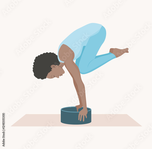Vector illustration of young woman in blue sportswear practicing Bakasana with yoga wheel. Young female doing crane pose. Exercise for good posture, body strength, flexibility and balance.