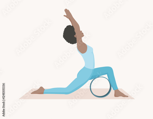 Vector illustration of young woman in blue sportswear practicing crescent pose with yoga wheel. Exercise for good posture, body strength, flexibility and balance.
