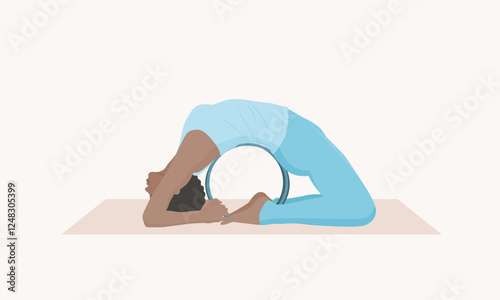 Vector illustration of young woman in blue sportswear practicing Kapotasana with yoga wheel. Young female doing pigeon pose wheel. Exercise for good posture, body strength, flexibility and balance.