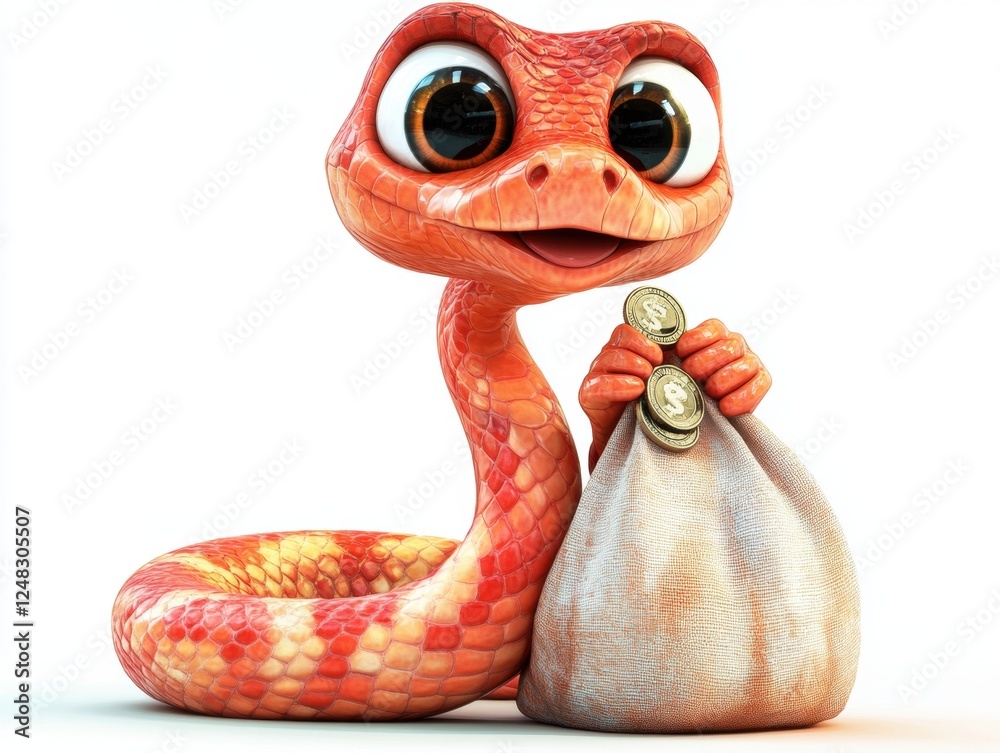 Fototapeta premium Cute Cartoon Snake Holding Money Bag with Joyful Expression