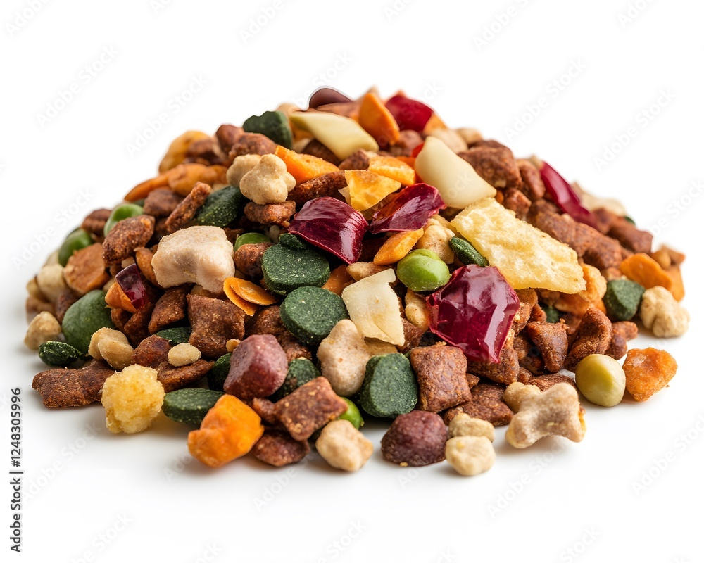 Isolated pile of colorful dog treats on a white surface Isolated pile of colorful dog treats on a white surface
