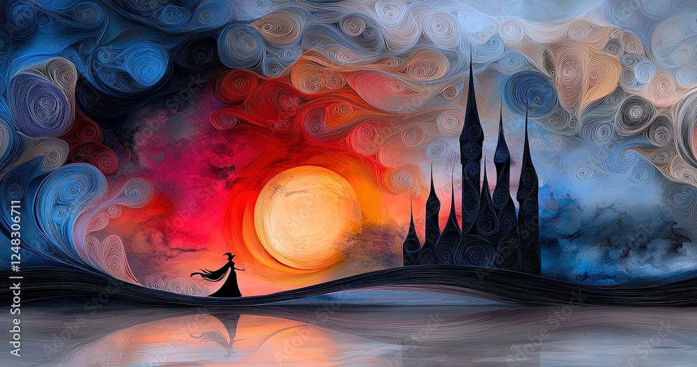Fototapeta premium Enchanting Sunset Over Silhouetted Castle with Mystical Swirls and Colorful Sky