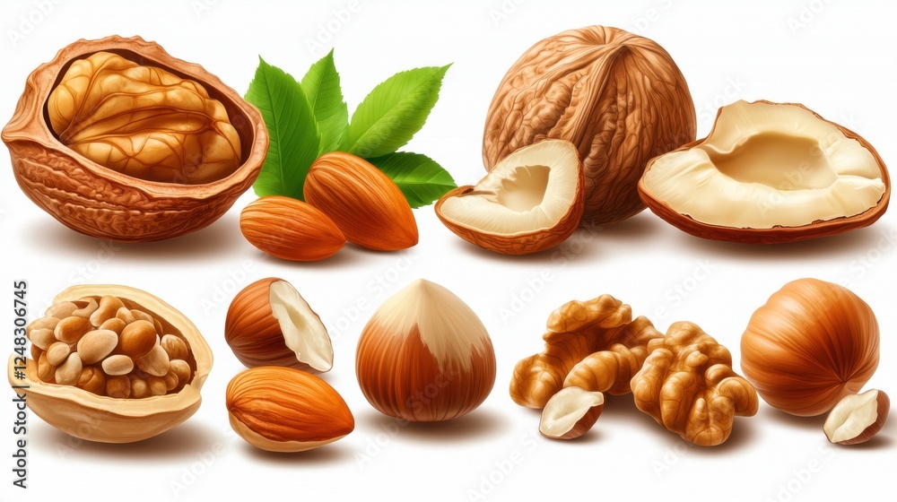 Assortment of Various Nuts Displayed on a White Background Assortment of Various Nuts Displayed on a White Background