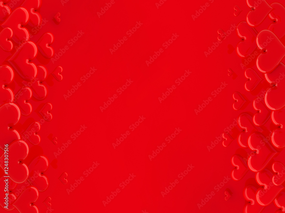 Valentine day background of red glossy hearts as pattern, banner for web, border, copy space for text on red background. Wedding hearts. 3D illustration for advertising, design, poster, card, flyer. Valentine day background of red glossy hearts as pattern, banner for web, border, copy space for text on red background. Wedding hearts. 3D illustration for advertising, design, poster, card, flyer.