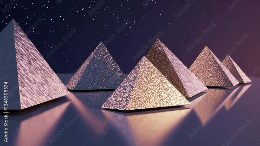 Geometric pyramids under a starry sky, lit by warm gradients.