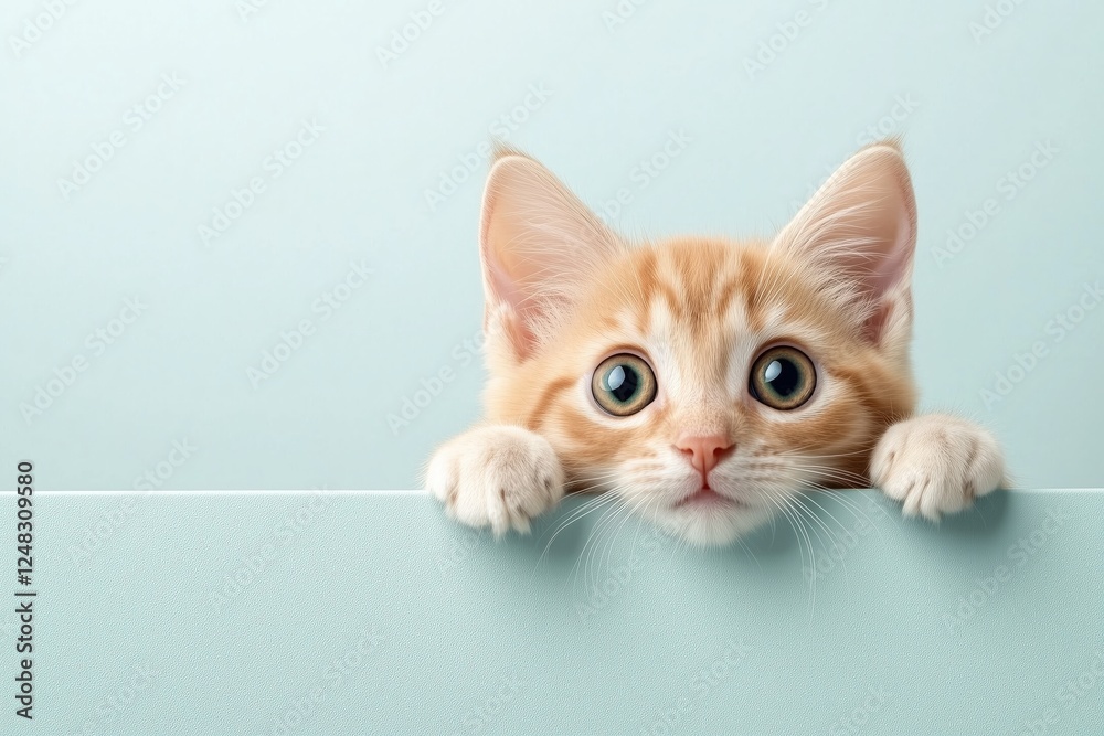 Obraz premium Ginger kitten peeking over a light blue panel with wide eyes. Represents curiosity, innocence, and the charm of pets.