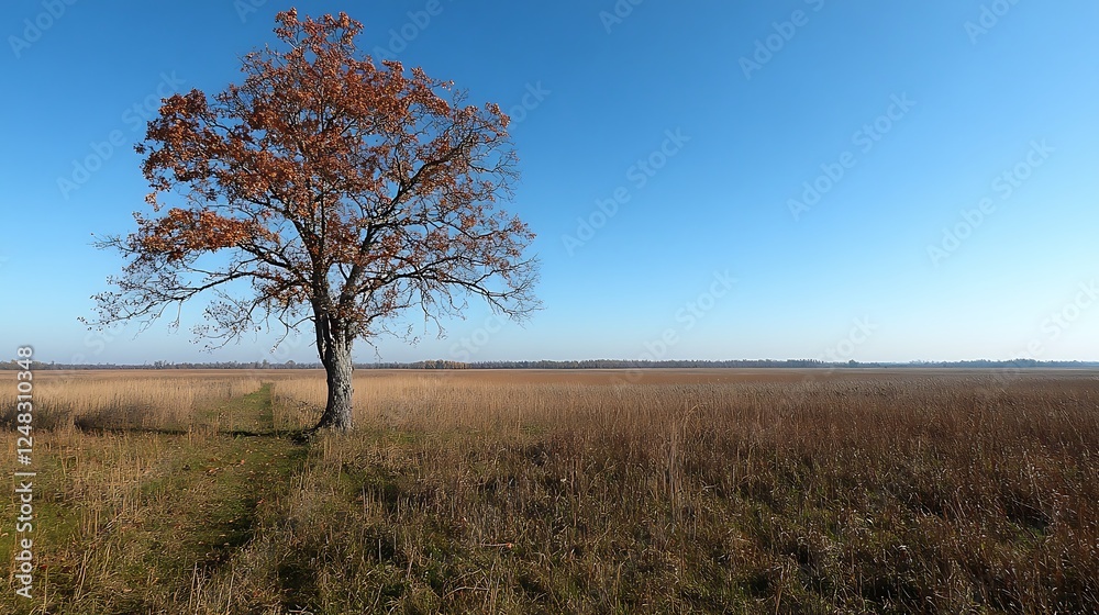 Autumn tree, field path, blue sky. Nature landscape Autumn tree, field path, blue sky. Nature landscape