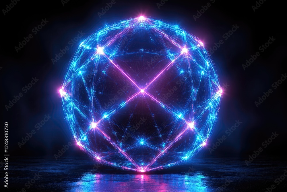 A vibrant, glowing geometric sphere composed of interconnected lines and nodes, set against a dark background A vibrant, glowing geometric sphere composed of interconnected lines and nodes, set against a dark background
