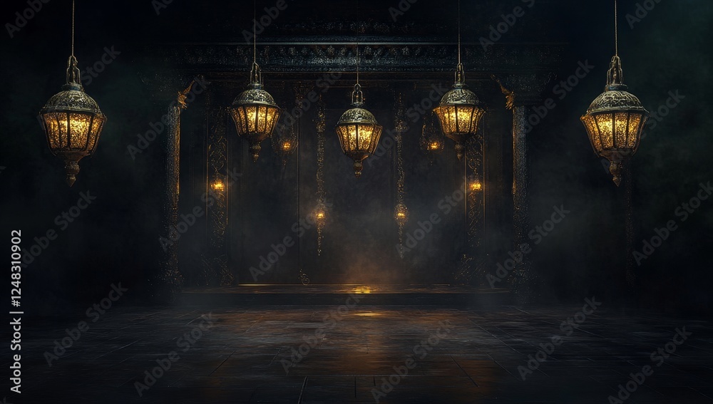 Obraz premium Mysterious dark room with hanging lanterns and pillars, smoky atmosphere.