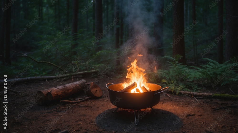 Campfire crackles in the dark woods, offering warmth and light amidst the forest trees and ferns on the forest floor. Campfire crackles in the dark woods, offering warmth and light amidst the forest trees and ferns on the forest floor.