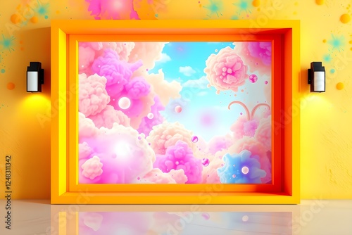 Fluffy clouds and colorful flowers enclosed in a vibrant yellow frame