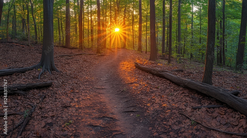Fototapeta premium Serene forest path at sunset with sun rays filtering through lush green trees, inviting exploration