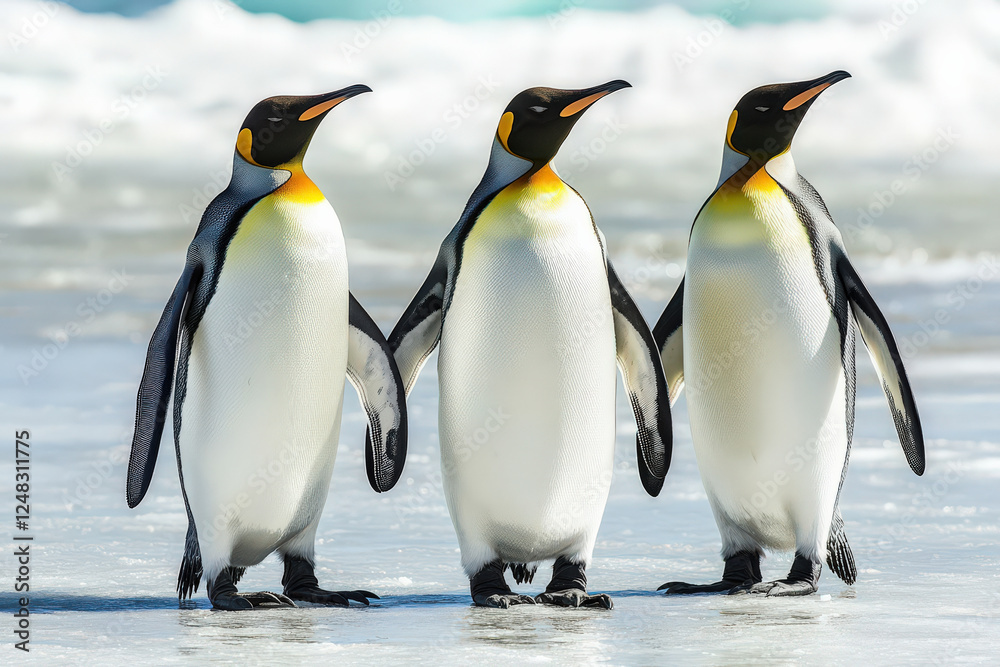Fototapeta premium Three penguins waddling gracefully on icy landscape