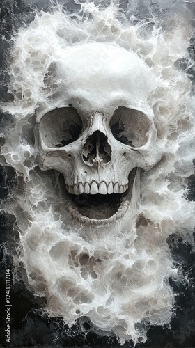 Intricate skull design surrounded by swirling mist, evoking a haunting atmosphere